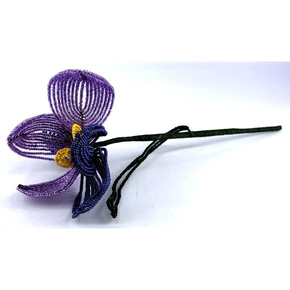 Seed Bead Flower Tulip Flower 9.5" Stem Purple Lavender Yellow Handcrafted Vtg - Picture 1 of 4